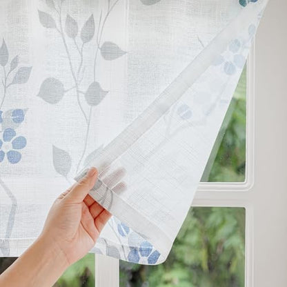 Beauoop Linen Floral Semi Sheer Valance Curtains Kitchen Blue Grey 52x18x1 - color: Rod Pocket | Blue and Grey, size: 50"W x 18"L (Pack of 1)