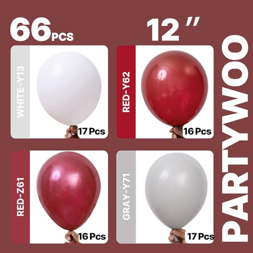 PartyWoo Burgundy White and Gray Balloons 66pcs 12 Inch Burgundy Balloons - color: Burgundy, White, Gray