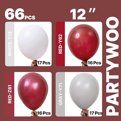 PartyWoo Burgundy White and Gray Balloons 66pcs 12 Inch Burgundy Balloons - color: Burgundy, White, Gray
