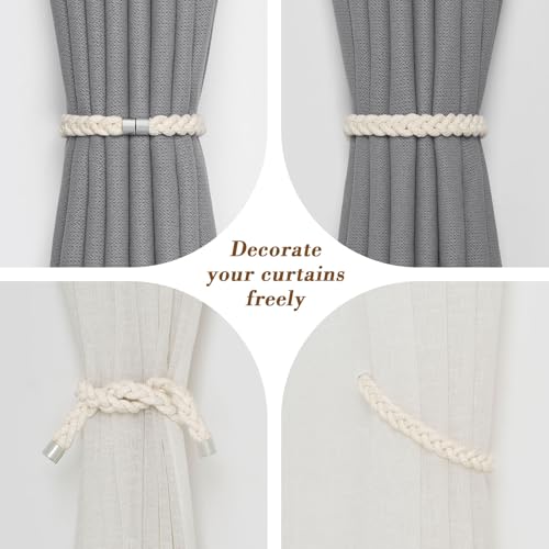 NICEEC 2 Pack Natural Cotton Rope Curtain Tiebacks Elegant Boho Style Magnetic Drape Tie Backs Soft Hand-Woven Rope Curtain Holdbacks for Home & Office Drapery (Cotton rope-01) - color: Cotton Rope-01, size: 2 Pack