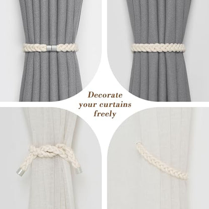 NICEEC 2 Pack Natural Cotton Rope Curtain Tiebacks Elegant Boho Style Magnetic Drape Tie Backs Soft Hand-Woven Rope Curtain Holdbacks for Home & Office Drapery (Cotton rope-01) - color: Cotton Rope-01, size: 2 Pack