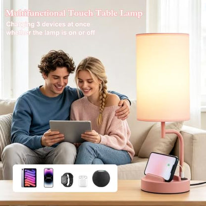 Dreamholder Touch Control USB Table Lamp with USB C/A & AC Outlet, 3-Way Dimmable Bedside Lamp, Modern Nightstand Lamps for Bedroom Living Room Guest Room Office, Bulb Included, Pink - color: Pink