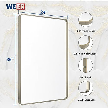 WEER Bathroom Vanity Mirror Brushed Nickel 24X36 Inch - color: Brushed Nickel, size: 24"L x 36"W