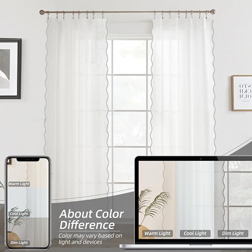 DriftAway Semi Sheer Scalloped Edge White Coastal Beach Window Curtains for Living Room Bedroom 2 Panels Rod Pocket Each Size 52 Inch by 72 Inch Gray - color: White Gray, size: 52"W x 72"L (Pack of 2)