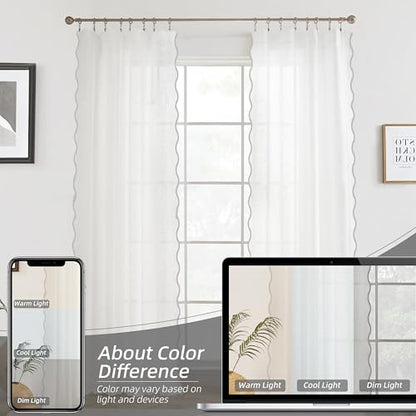 DriftAway Semi Sheer Scalloped Edge White Coastal Beach Window Curtains for Living Room Bedroom 2 Panels Rod Pocket Each Size 52 Inch by 72 Inch Gray - color: White Gray, size: 52"W x 72"L (Pack of 2)