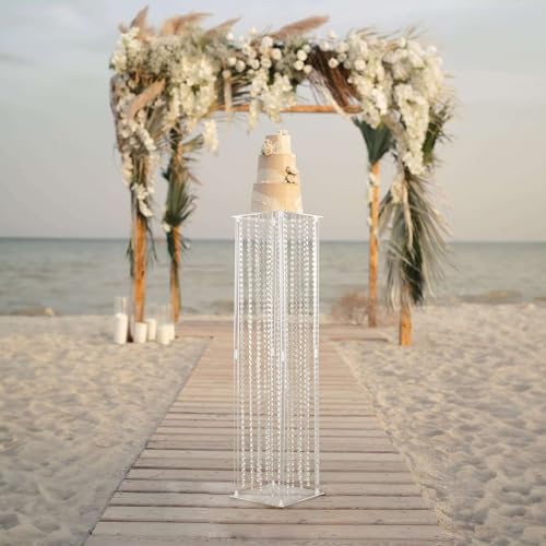 Efavormart 48" Heavy Duty Acrylic Flower Pedestal Vase with Hanging Crystal Beads, Clear Pillar Stand Wedding Floor Centerpieces with Pre-Chained Garlands - 5mm Thick Plates - size: 11"W x 48"H