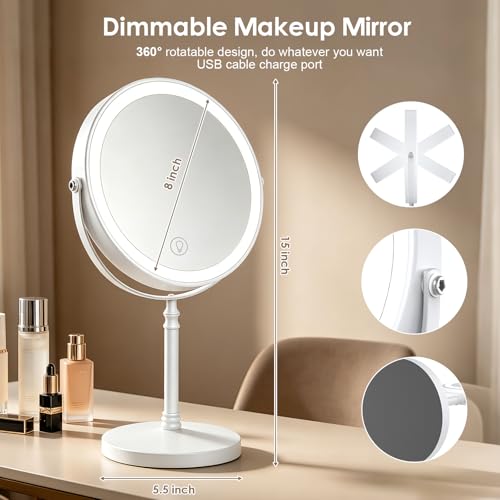 DEIOVWXS Makeup Mirror, Rechargeable Vanity Mirror with 3 Lights, 1X/10X - color: White