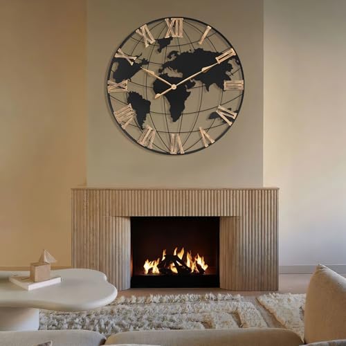 Pytha Sight 36 Inch Large Extra Metal Oversized Roman World Map Wall Clock - color: Gold Roman, size: 36 inch