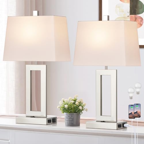 Cinkeda Silver Bedside Table Lamp Set of 2,Nightstand Lamps with USB Ports - color: B.White&Silver
