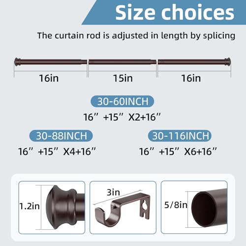CorkLatta Bronze Curtain Rods for Windows 30 to 116 Inches with Brackets, Decorative 5/8 Inch Diameter Single Window Curtain Rod Set for Room Divider, Bedroom, Living room, Kitchen, Bathroom - color: Bronze, size: 30-116"
