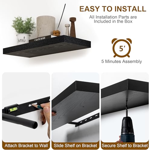 Fun Memories Rustic Black Floating Shelves 24 Inch Long, 8 Inch Deep Floating Shelf, 24 x 8 Wall Shelves Set of 2, Deep Black Bathroom Shelves, 24 Long Floating Bookshelf Wall Mounted - color: Black, size: 24"W x 8"D