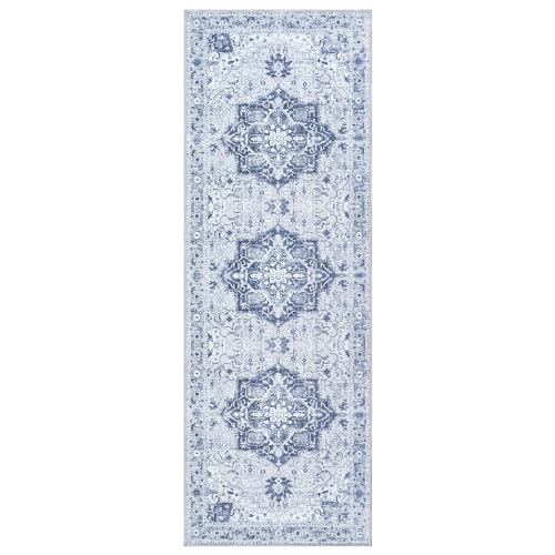 Bloom Rugs Washable Non-Slip 7 ft Runner - Gray/Blue Traditional Medallion Runner for Entryway, Hallway, Bathroom, and Kitchen - Exact Size: 2.5' x 7' - color: Gray / Blue, size: 2'6" x 7' (Runner)