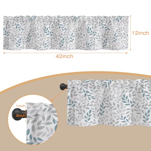 Valances Curtains for Windows, Gray Blue Branches Leaves Semi Sheer Curtain Valances,Rod Pocket Short Window Treatment Light Filtering Decor Valances for Kitchen Living Room Bedroom Windows - 42"x12" - color: Watercolor Leaves, size: 12"W x 42"L (Pack of