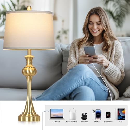 Cinyirong 28.75" Gold Table Lamps for Living Room,Touch Lamps for Bedrooms Set of 2 - Nightstand Table Lamp with USB C+A, 3 Way Dimmable Bedside Lamps End Tables, Antique Brass - color: Gold table lamp