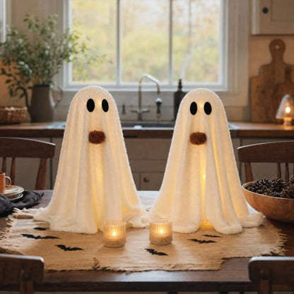 Halloween Decorations-2 Pack Light-Up Sherpa Ghosts with Pumpkin