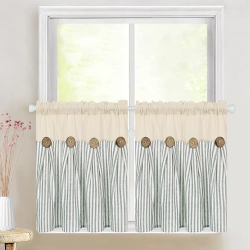 ASPMIZ Farmhouse Kitchen Curtains 24 Inch Length, Green Stripe, 2 Panels - color: Beige&green, size: 26"W x 24"L (Pack of 2)