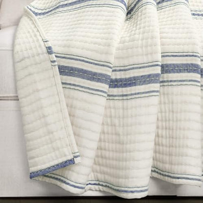 Lush Decor Farmhouse Stripe Kantha Pick Stich Yarn Dyed Cotton Woven Throw Reversible Ticking Pinstripe Design Blanket, 50" x 60", Navy - color: Navy