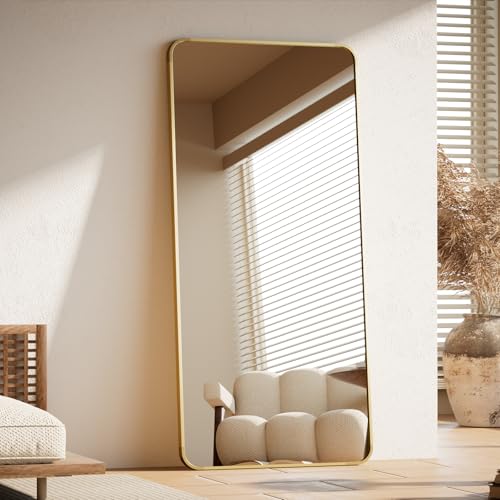 BEAUTYPEAK 71" x 26" Rounded Corner Full Length Mirror with Stand, Gold - color: Gold, size: 71"L x 26"W