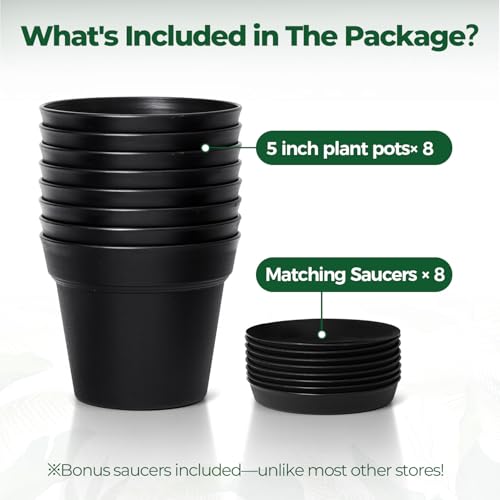 T4U Small Plant Pots 5 Inch 8 Pack, Plastic Indoor Flower Pots Saucer Black - color: Black, size: 5 inch