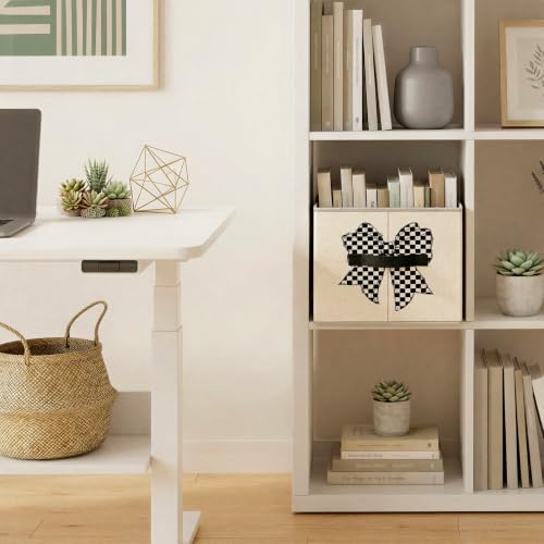 Black and White Checkered Coquette Bow Storage Basket Organizer - color: White Checkered Bow