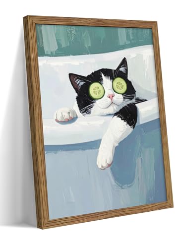 Framed Tuxedo Cat Canvas Wall Art, Bathroom Pictures Wall Decor, Funny Cat in Bath Poster Print, Modern Dark Humor Animal Painting Artwork for Bathroom Apartment Home Aesthetics – 12x16 inch - color: Cow Cat, size: 16"L x 12"W