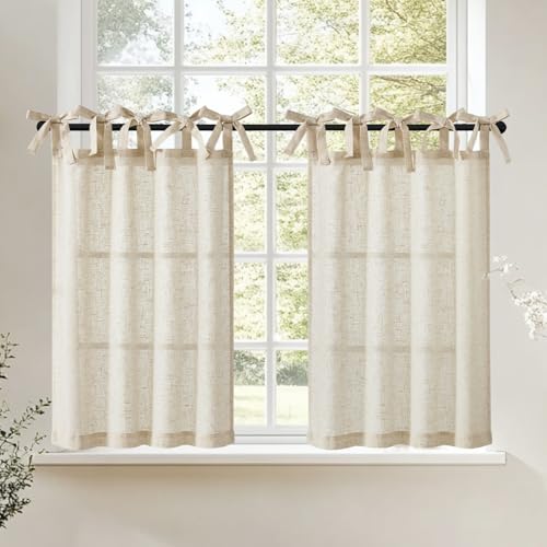 jinchan Solid Linen Kitchen Tier Curtains 24 Inches Tie Top 2 Panles Crude - color: Verona Curde, size: 26"W x 24"L (Pack of 2)