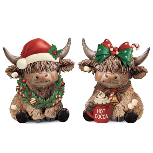 Karenhi 2 Pcs Highland Cow Figurines, Christmas Hot Cocoa Decor - style: Hot Cocoa