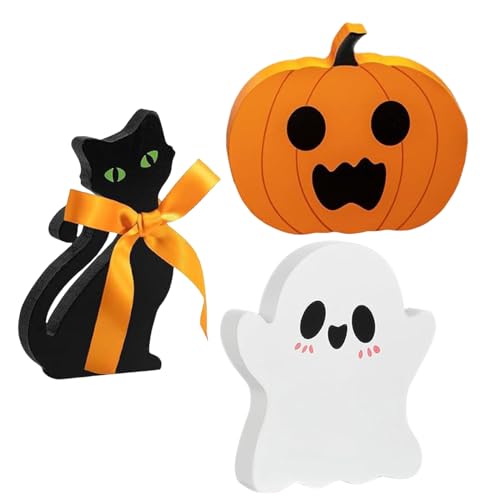 Wooden Halloween Decorations Set - Cute Ghost, Pumpkin & Black Cat Blocks Signs for Indoor Outdoor Holiday Home Decor, Mantel, Tabletop Centerpiece, Spooky Gift (Set of 3)