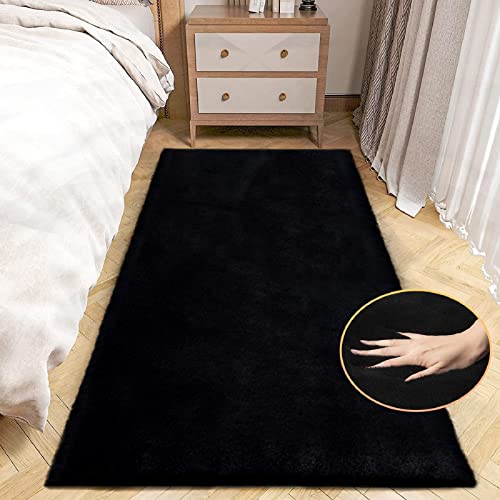 ORINOVA Black Fluffy Rug for Bedroom Shag Rug Washable Carpet Faux Rabbit Fur Rugs for Living Room Hallway Teen Room Décor Nursery Rugs Runner 2x6 - color: Black, size: 2' x 6' (Rectangular)