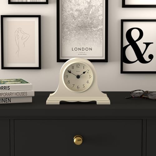 JONES CLOCKS® Speakeasy Small Mantel Clock | Classic Napoleon’s hat Design | Pale Cream | Contemporary Classic Style for Desk, Table, Shelf or Bedside - color: Linen White