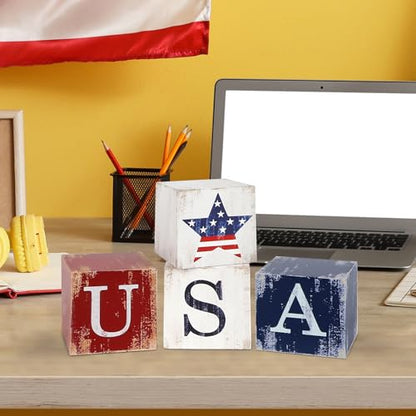 COCHIE 4th of July Decorations Wooden Stars, Patriotic Memorial Day Star Tiered Tray Decor Set of 4, Fourth of July Red White Blue Decoration for Home Office Table Shelf - style: USA HOME Sign