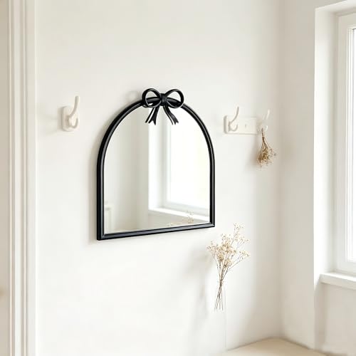 9.8-inch x 9.8-inch Arched Plastic wall Mirror with Bow at top, Modern Decorative Mirror, Small Arched wall Mirror Suitable for entryways and hallways (Black, 9.8x9.8 inch)