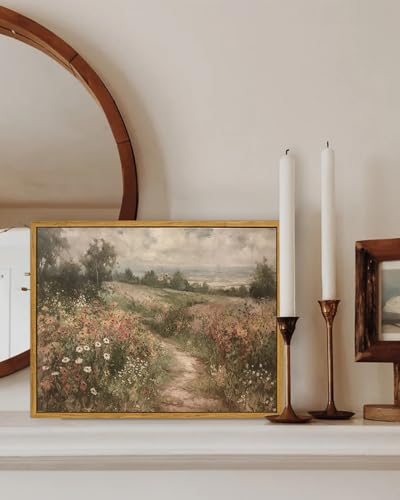 KBKBART Framed Canvas Wall Art Landscape Nature Country Wildflower Painting - color: Countryside Wildflower, size: 24"L x 16"W