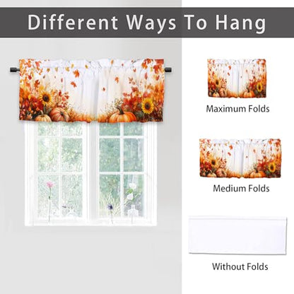 Fall Pumpkins Kitchen Curtain Valance 2 Pack Thanksgiving Maple Leaves Sunflowers Window Valance for Living Room Bathroom Bedroom Window Treatment Valances 54x18 inch - color: Fall Pumpkins