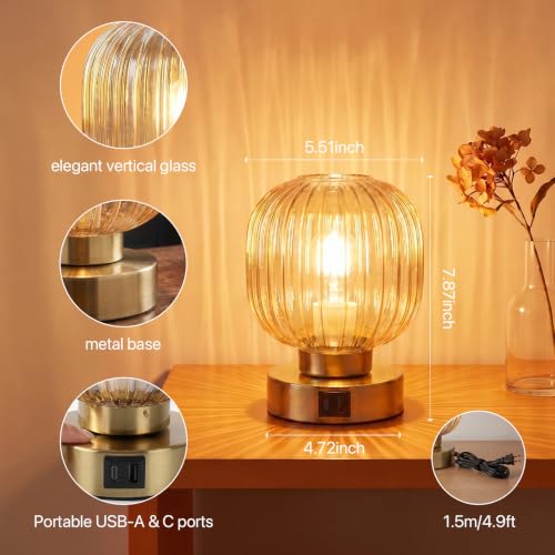 Elenhome Touch Small Table Lamp,Elegant Gold Glass Bedside Lamp 3 Way Dimmable with USB C+A Charging Ports - Bedroom Nightstand & Living Room Essential, 4W Bulb Included (Gold) - color: Gold