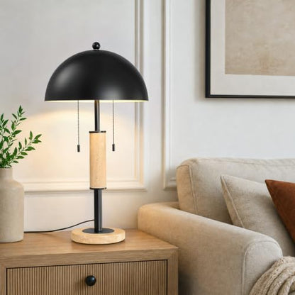 Black Bedside Table Lamp Set 2 Mid Century Modern Tavertine Nightstand Lamp - color: Black