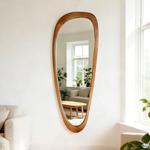 Full Length Irregular Wall Mirror, 60" x 22" Asymmetrical Wood Mirror - color: Wood, size: 60"L x 22"W