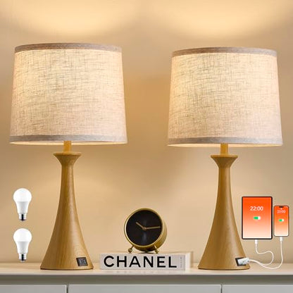 Touch Table Lamps Set of 2, 21" Bedside Lamps with USB C+A - color: Wood Grain
