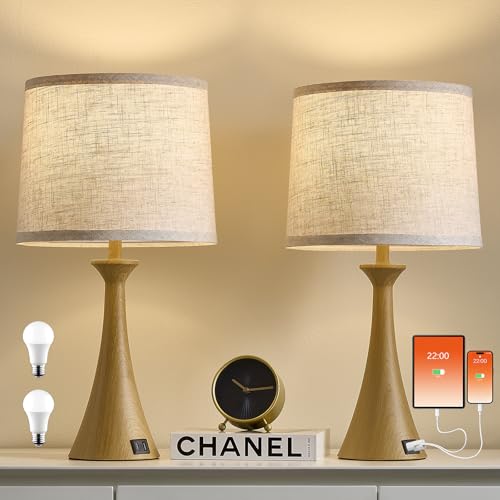 Touch Table Lamps Set of 2, 21" Bedside Lamps with USB C+A - color: Wood Grain