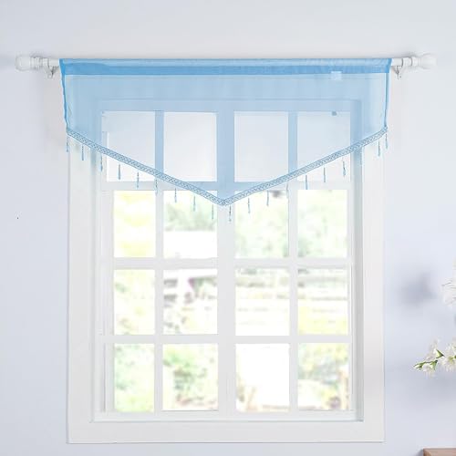 Molaxhome Swag Curtain Scalloped Curtain Valance Drape Sheer Lace Panel 1pc - color: Blue