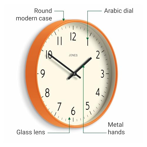 JONES CLOCKS® Studio Clock | Modern Round wall Clock | 12" | Orange - color: Fizzy Orange
