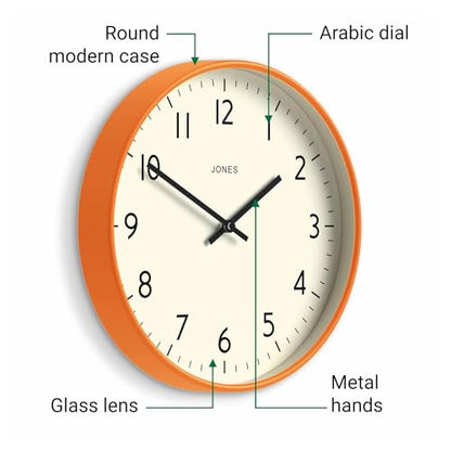 JONES CLOCKS® Studio Clock | Modern Round wall Clock | 12" | Orange - color: Fizzy Orange