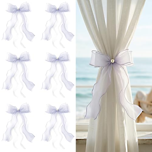 White Lace Bow Curtain Tiebacks 6-Pack, Vine Floral Curtain Holdbacks - color: Misty Gray