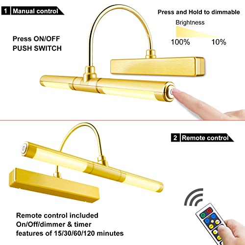 LUXSWAY Wireless Picture Light with Remote Control,Battery Operated Painting Light with Dimmable & Timer,180° Adjustable Head for Wall Art,Canvas Paintings,Portrait Displays-Gold - color: B Gold, size: Battery-Dimmable-13 Inch