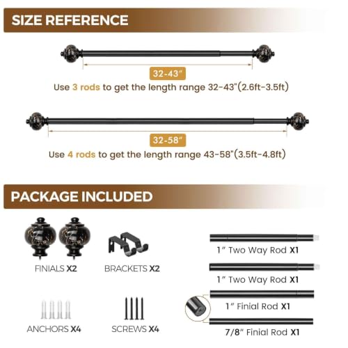 KAMANINA 1 Inch Curtain Rods 32 to 58 Inch, Black Adjustable Drapery Rods - color: Black, size: 32-58"