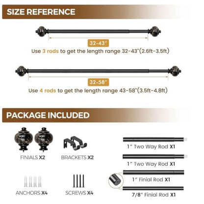 KAMANINA 1 Inch Curtain Rods 32 to 58 Inch, Black Adjustable Drapery Rods - color: Black, size: 32-58"