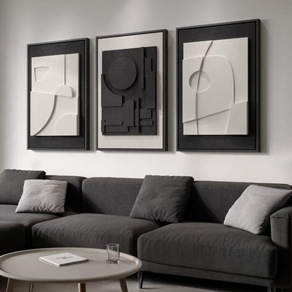 Large Framed Black and White Modern 3D Abstract Wall Art for Living Room - color: Black and White, size: 24"w X 36"h X 3pcs