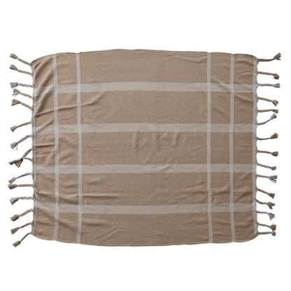 Creative Co-Op Woven Cotton Blend Striped Throw with Braided Fringe, Beige and Natural