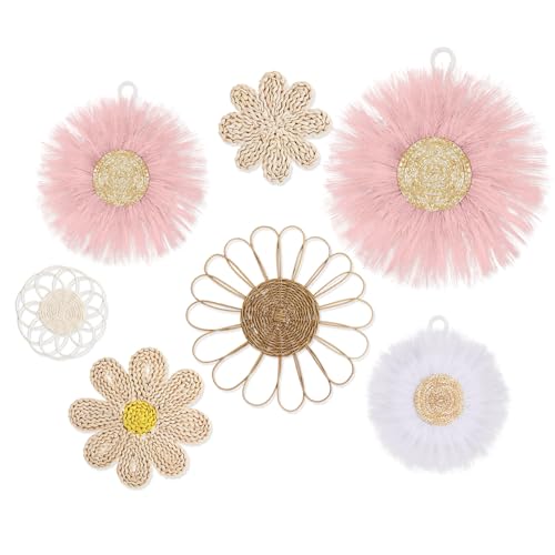 Chunful 7 Pcs Boho Wall Basket Decor Rattan Flower, Pink - color: Pink