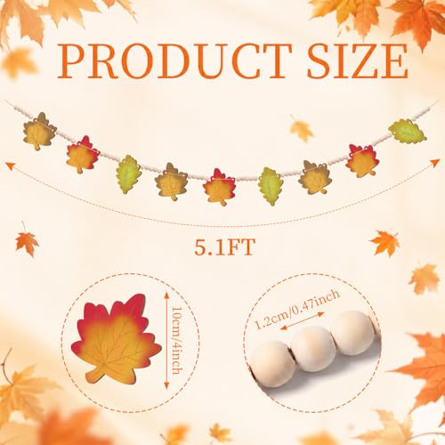 Qunclay 5.1ft Fall Wooden Leaves Garland with Bead Maple Leaves Banner